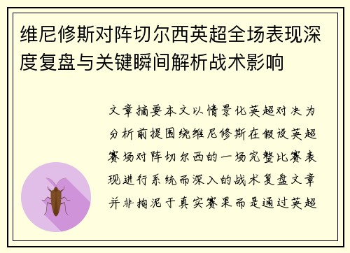 维尼修斯对阵切尔西英超全场表现深度复盘与关键瞬间解析战术影响